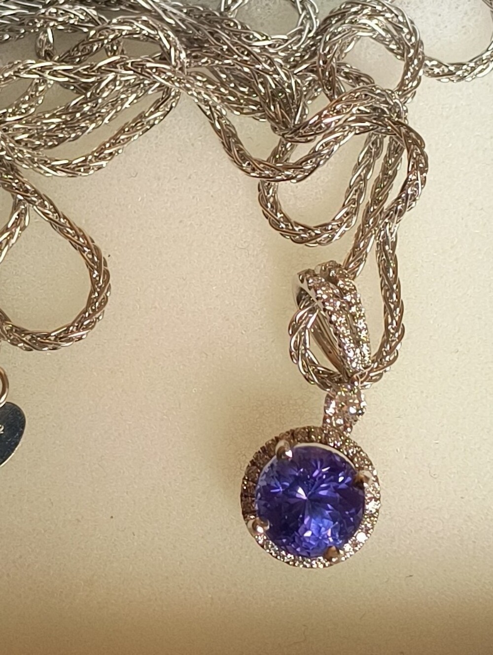 14kt White Gold Necklace/18kt Gold White Gold Pendant/Tanzanite and Diamonds